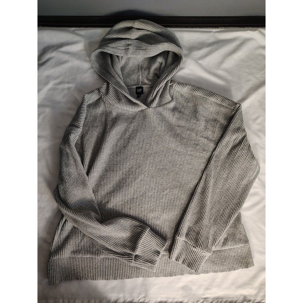 Gap Womens Gray Ribbed Knit Pullover Hoodie Sweatshirt Size M Long Sleeve